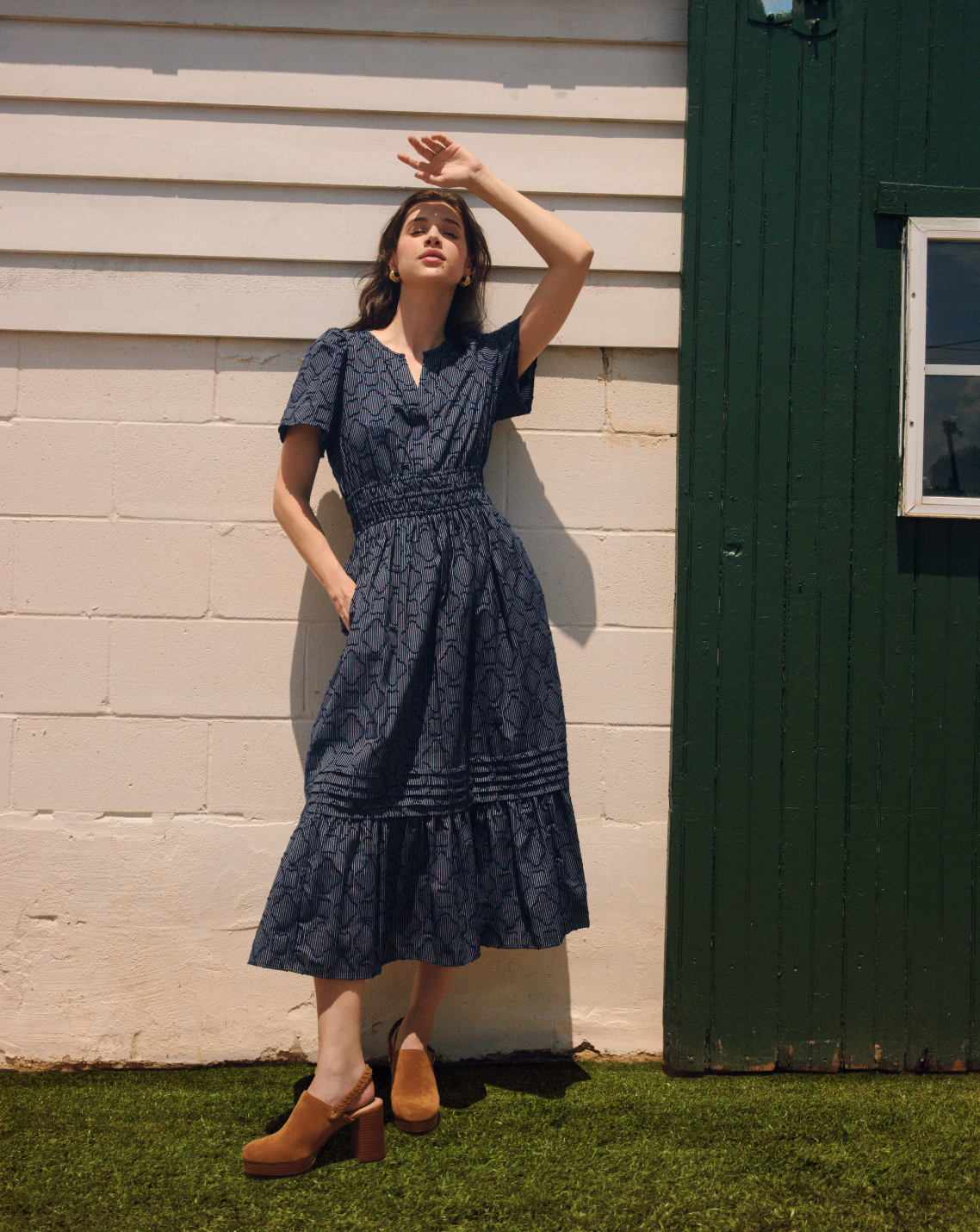 Hollie Midi Dress in Navy Textured Stripe