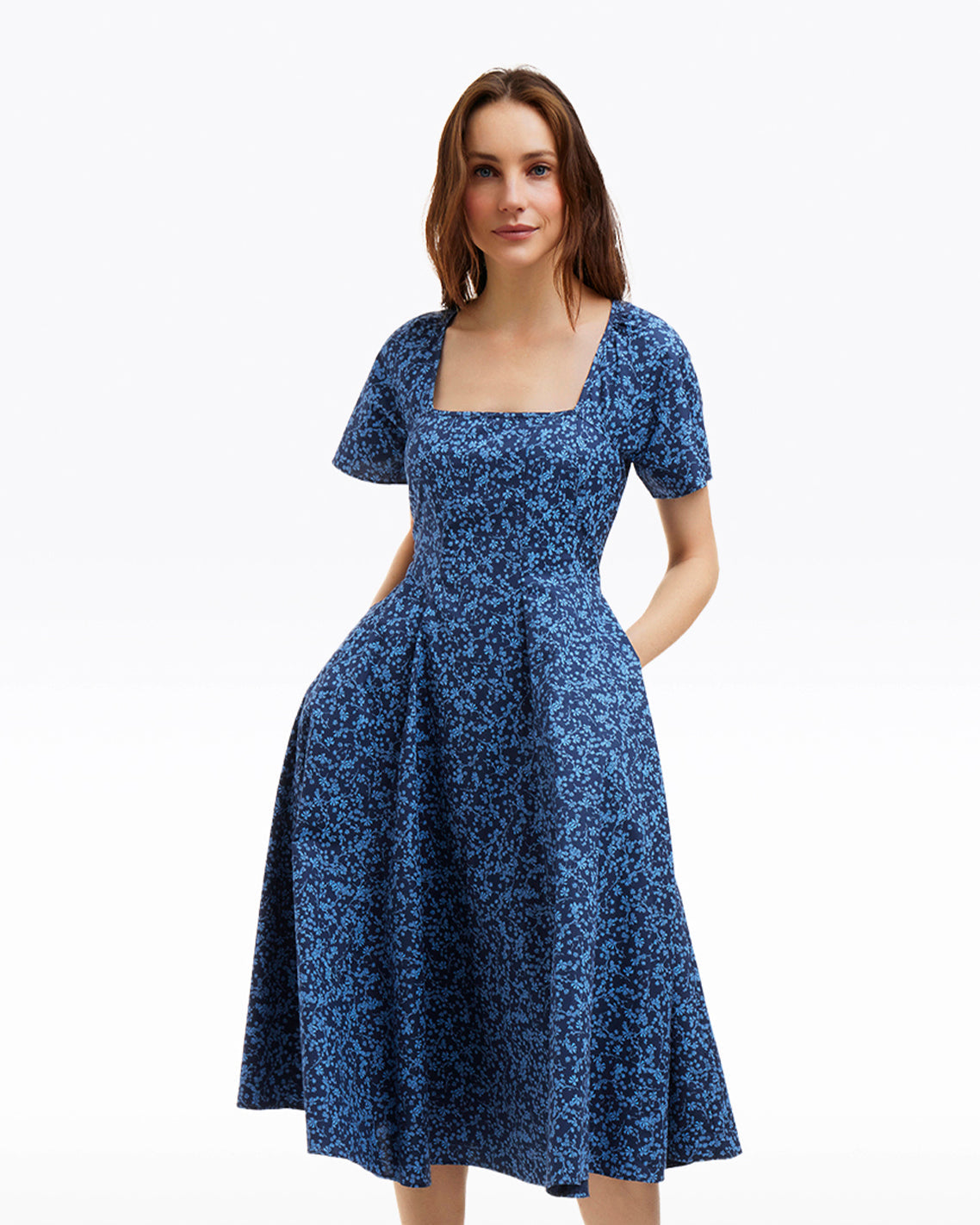 Caitlyn Square Neck Midi Dress in Ribbon Floral