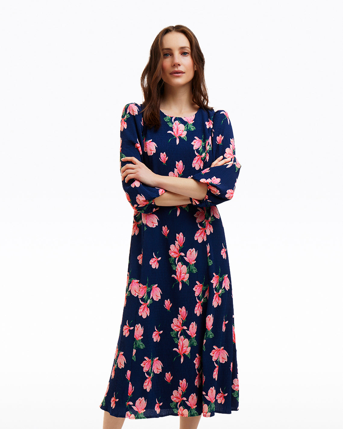 Matilda Crewneck Midi Dress in Magnolia Buds