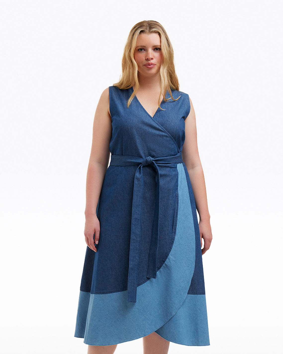 Lorelai Two Tone Sleeveless Wrap Dress in Chambray
