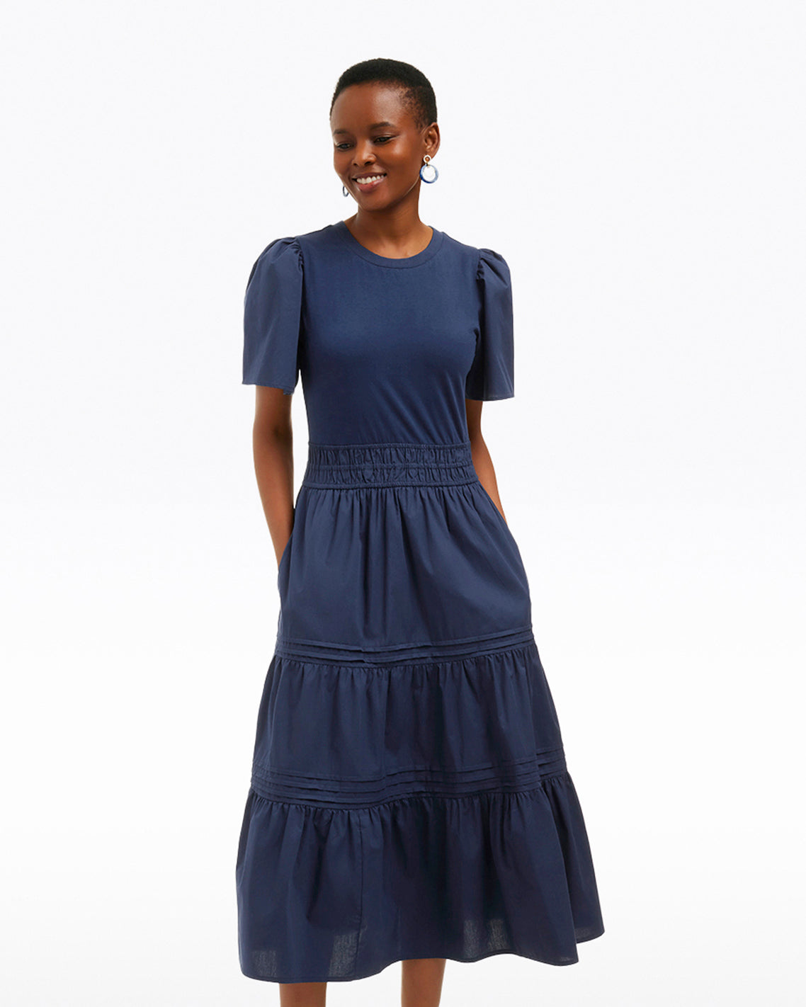 Cleo Mixed Media Midi Dress in Navy