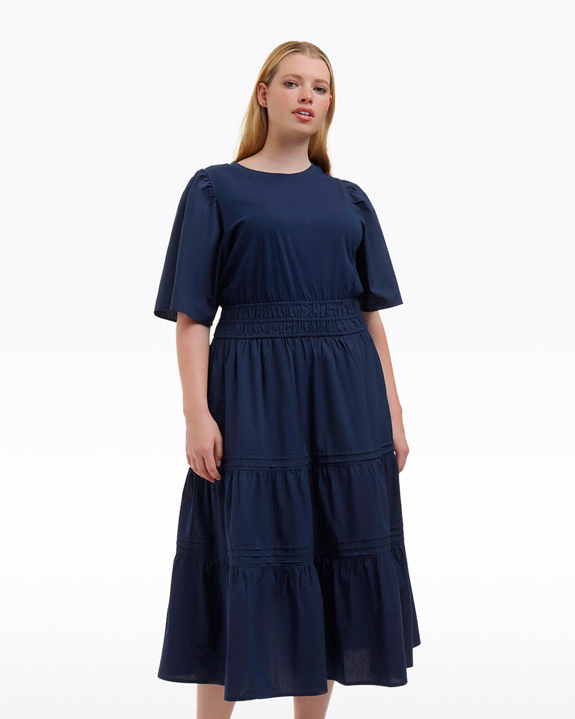 Cleo Mixed Media Midi Dress in Navy