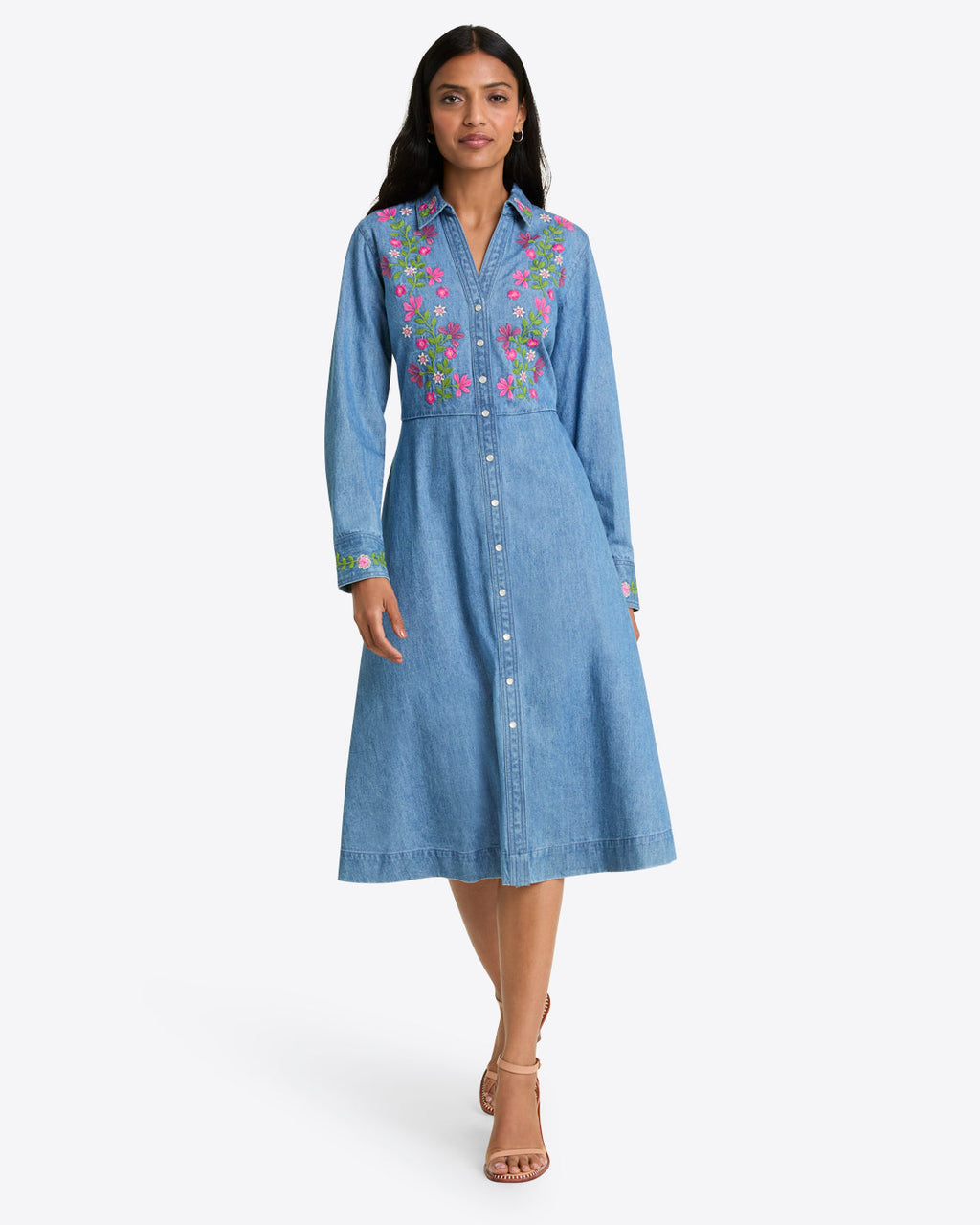Cecilia Embroidered Shirtdress in Denim