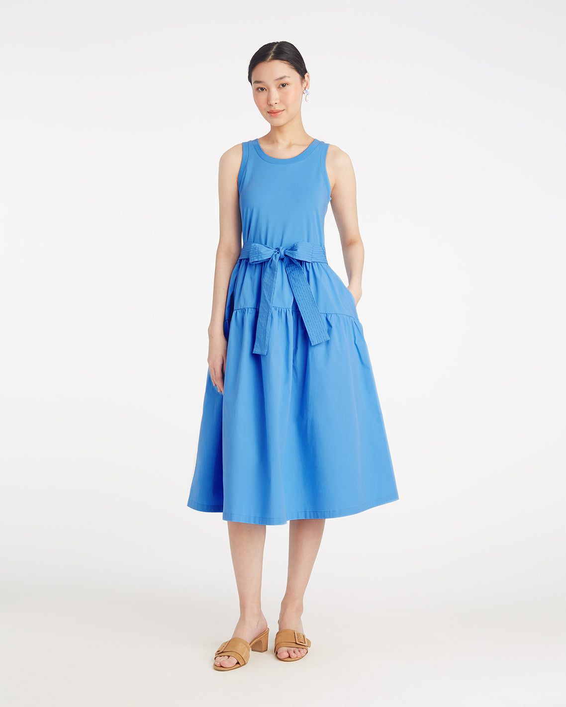 Lila Mixed Media Midi Dress in Light Blue