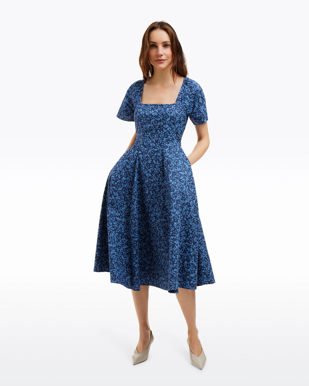 Caitlyn Square Neck Midi Dress in Ribbon Floral