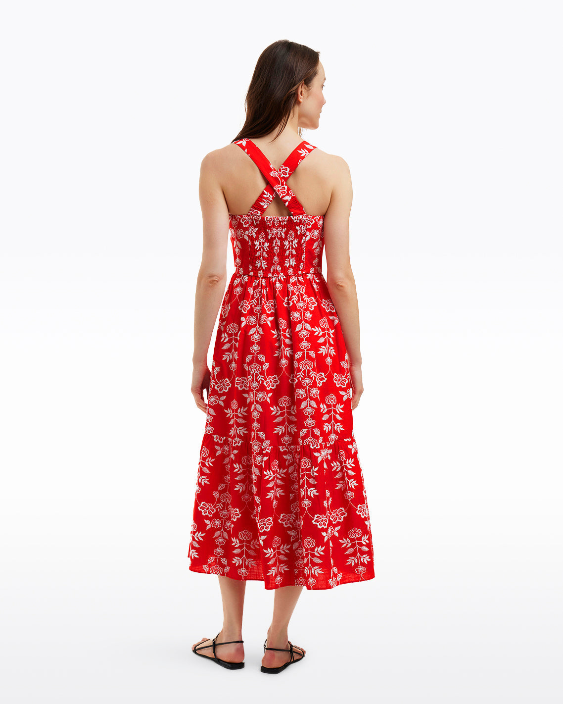 Cynthia Embroidered Midi Dress in Red Floral Embroidery