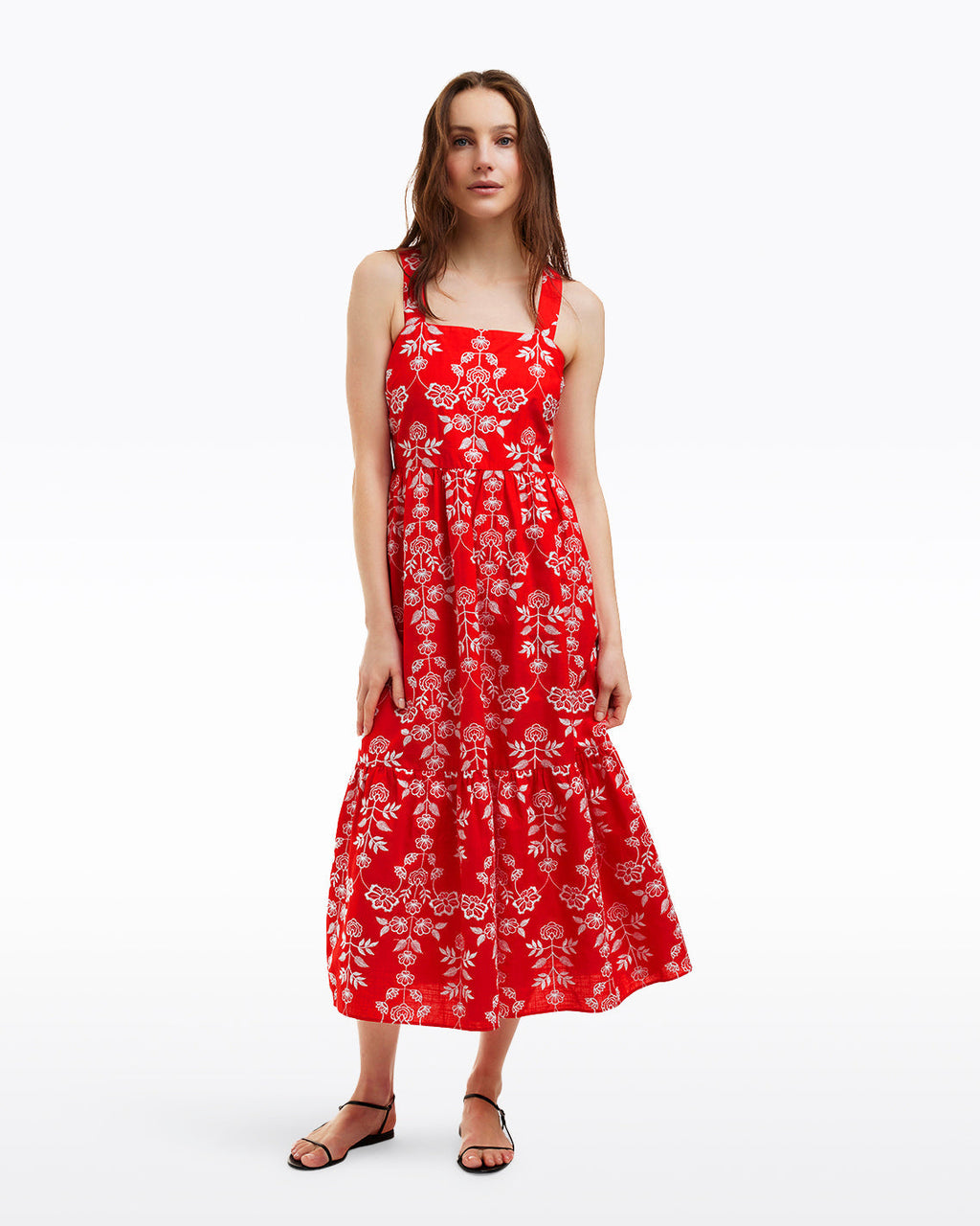 Cynthia Embroidered Midi Dress in Red Floral Embroidery