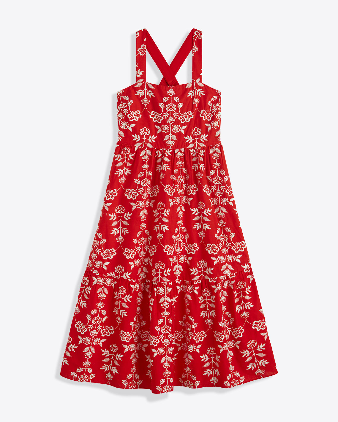 Cynthia Embroidered Midi Dress in Red Floral Embroidery