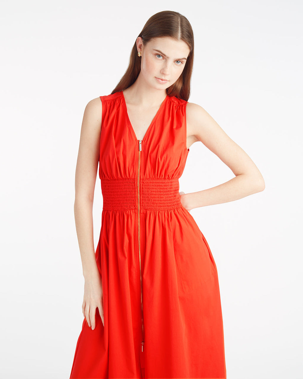 Amber Sleeveless Smocked Waist Midi Dress in Stretch Poplin