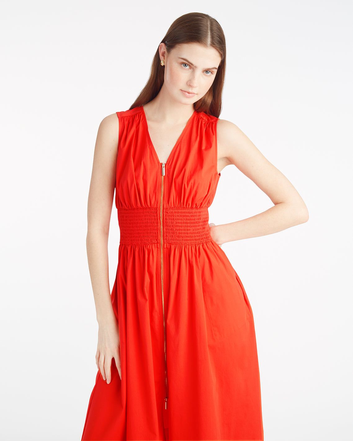 Amber Sleeveless Smocked Waist Midi Dress in Stretch Poplin