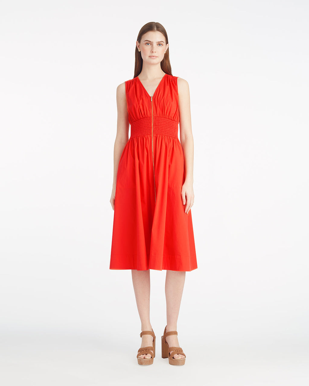 Amber Sleeveless Smocked Waist Midi Dress in Stretch Poplin