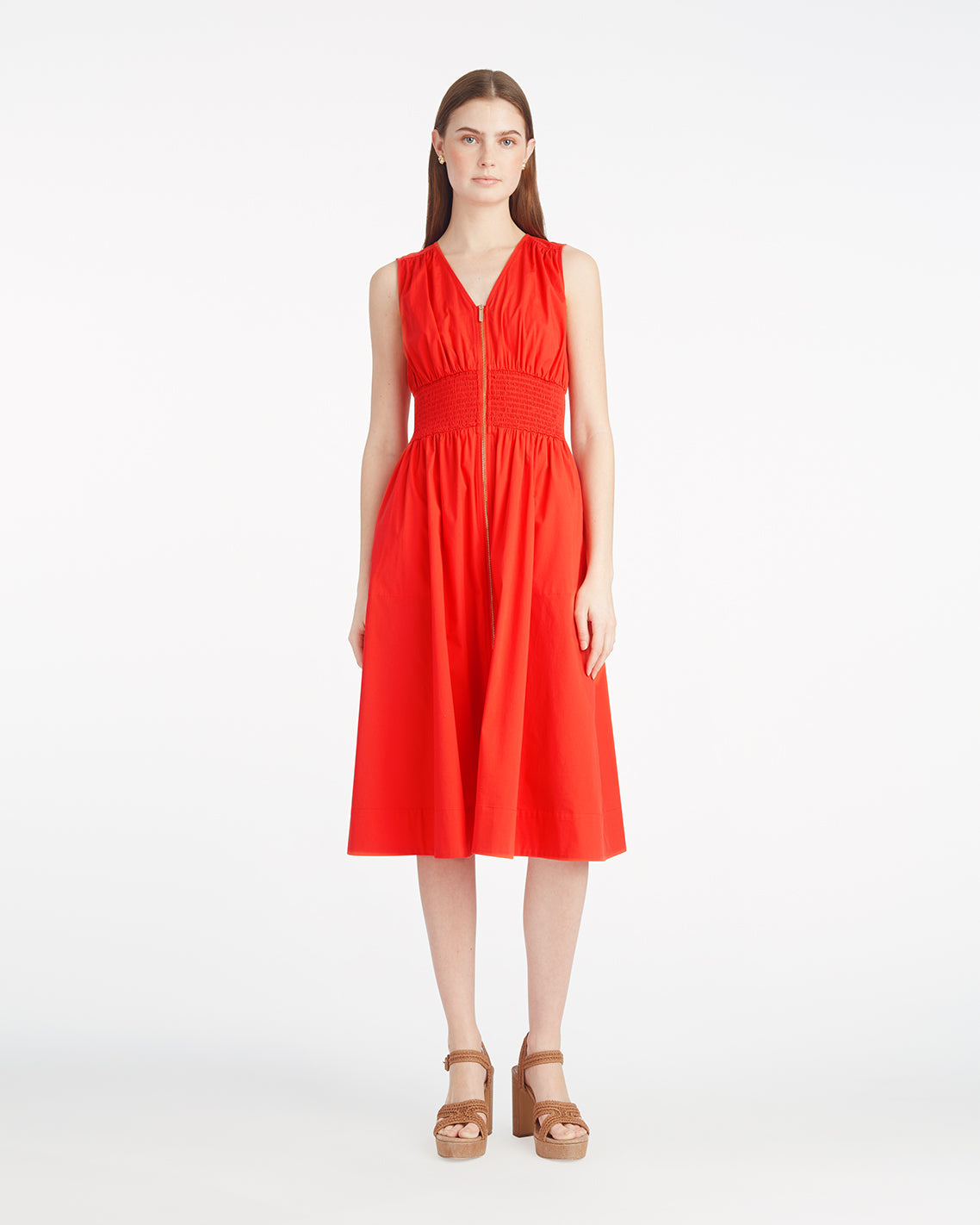 Amber Sleeveless Smocked Waist Midi Dress in Stretch Poplin