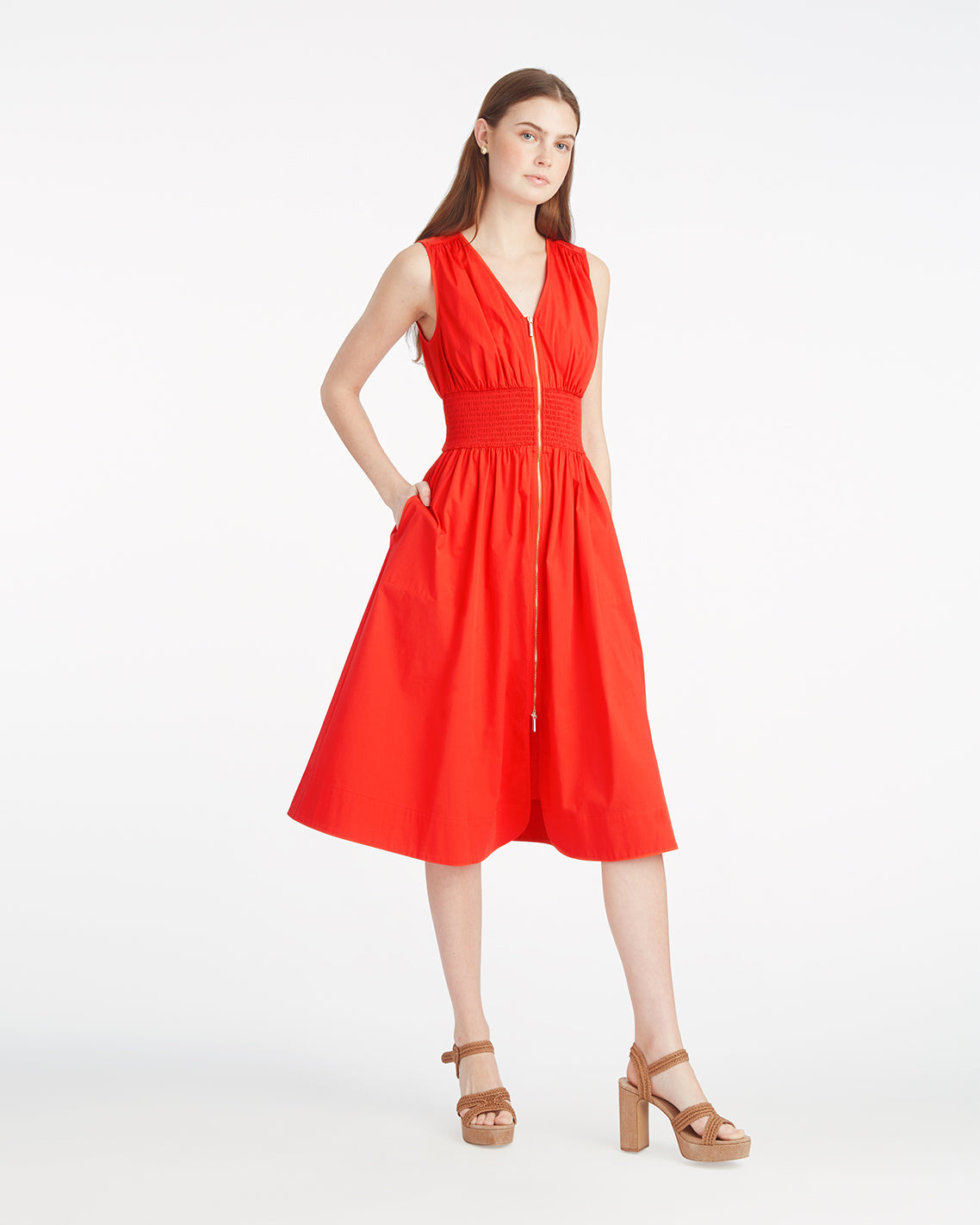 Amber Sleeveless Smocked Waist Midi Dress in Stretch Poplin