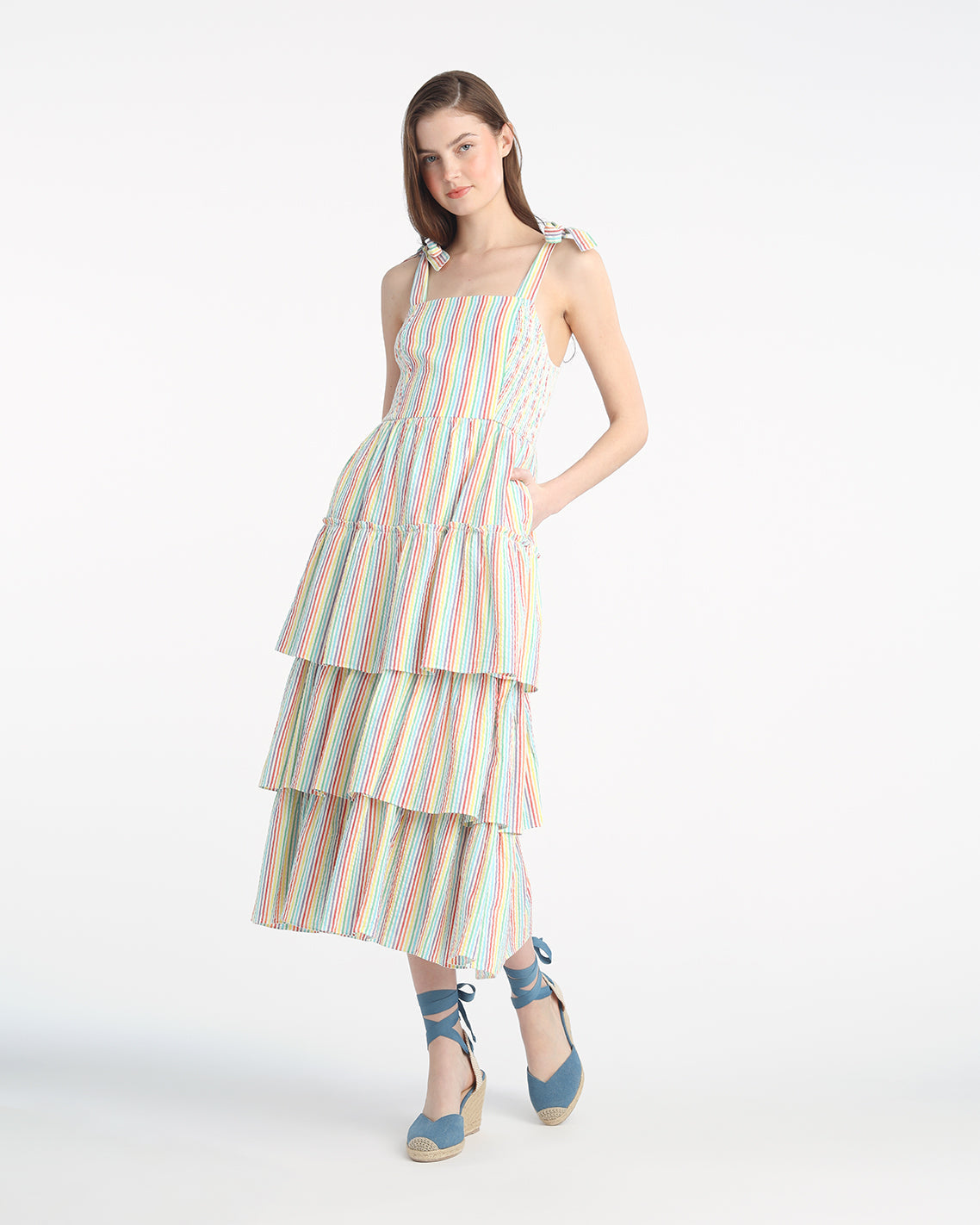 Taylor Tiered Midi Dress in Rainbow Stripes