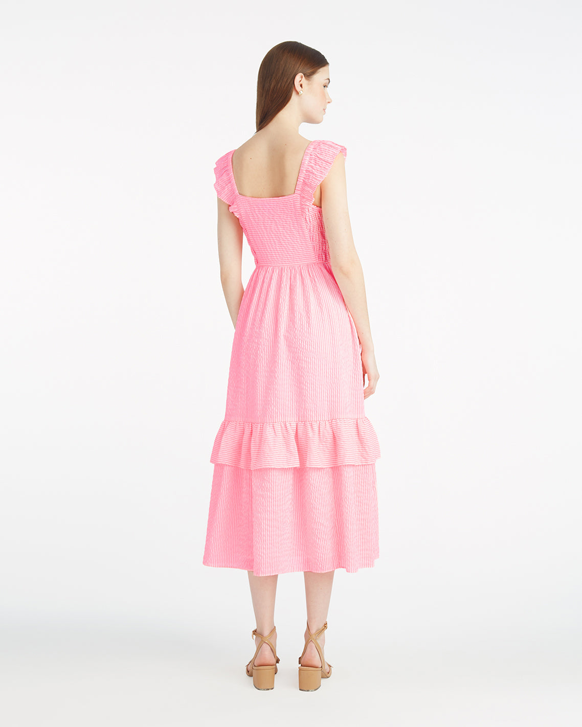 Carrie Midi Dress in Pink Seersucker