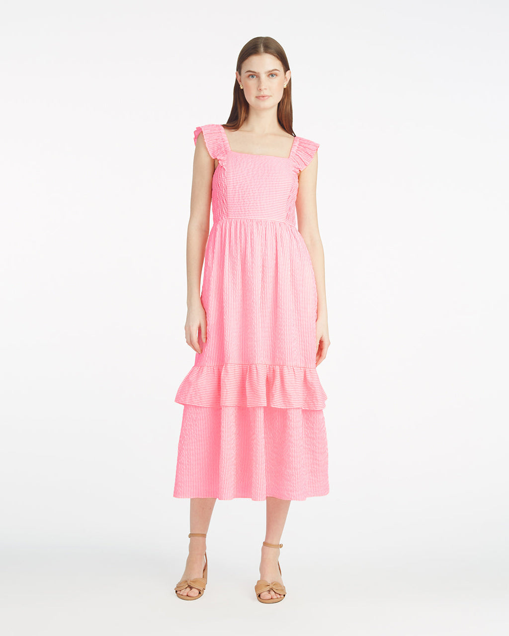 Carrie Midi Dress in Pink Seersucker