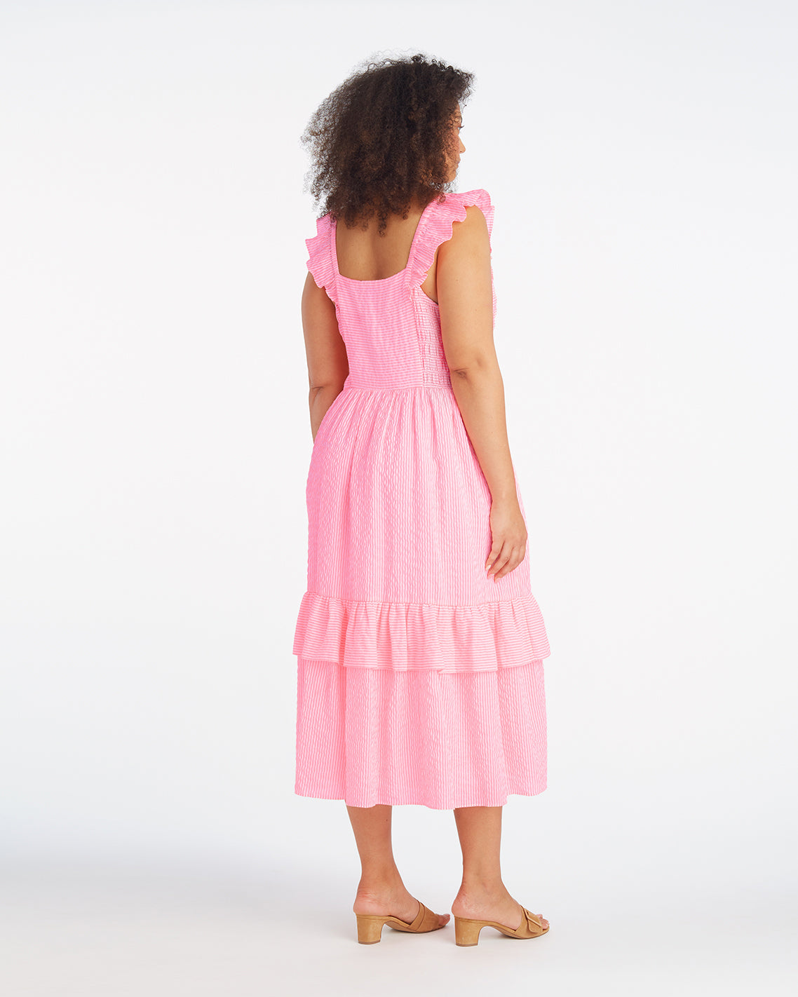 Carrie Midi Dress in Pink Seersucker