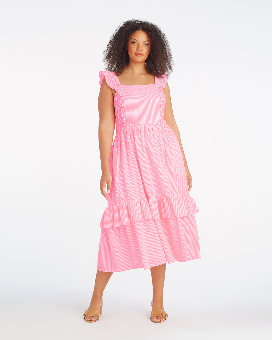 Carrie Midi Dress in Pink Seersucker