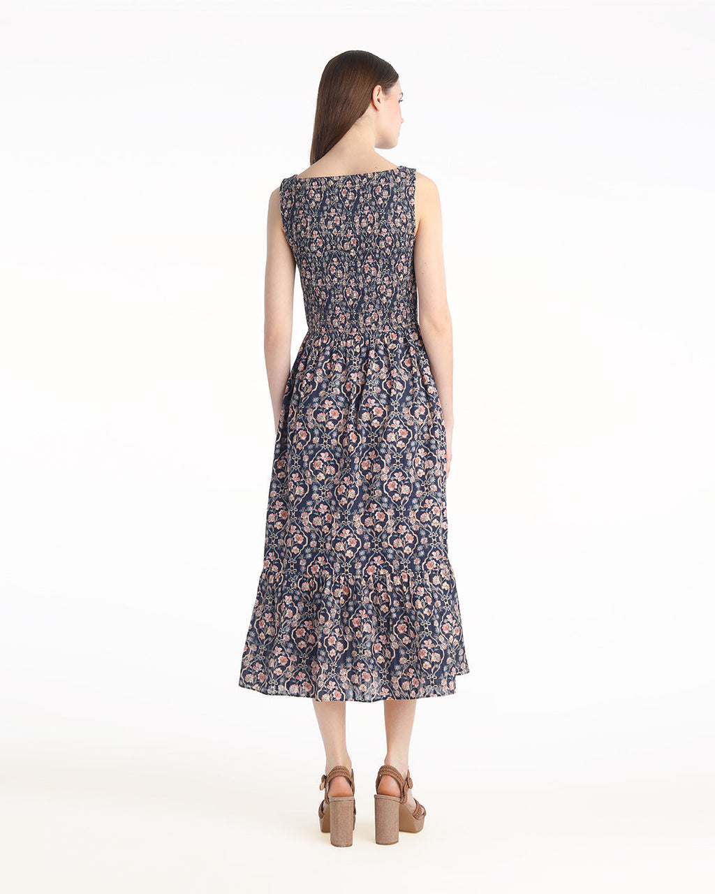 Wren Sleeveless Smocked Midi Dress in Twilight Vines