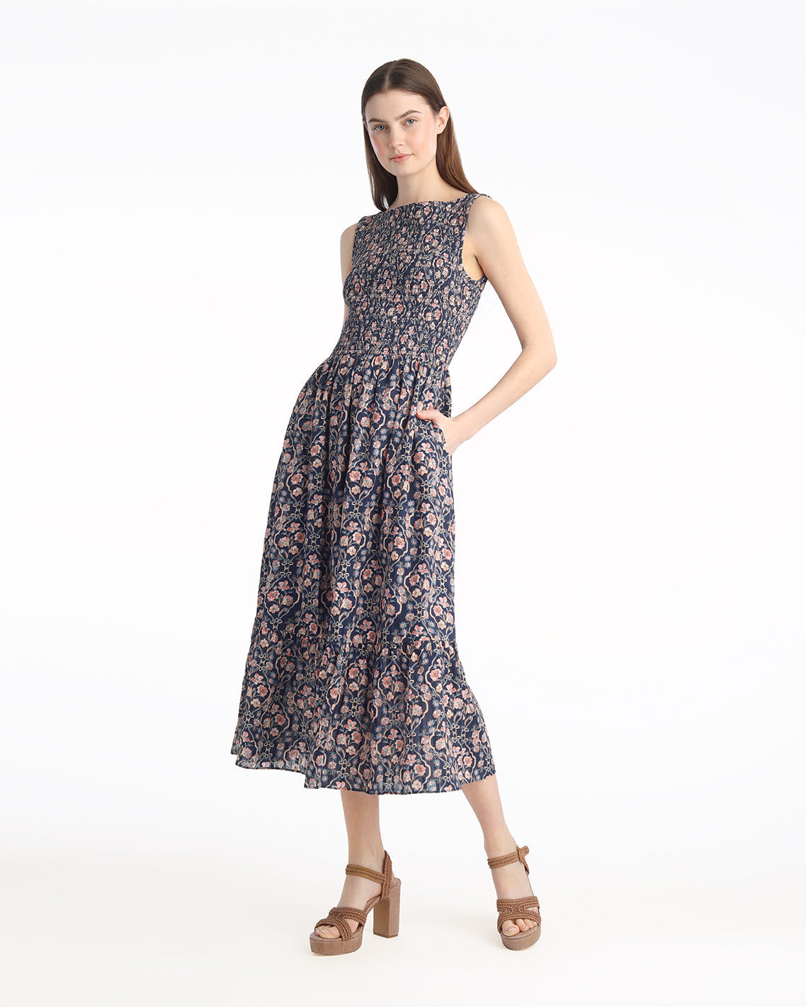 Wren Sleeveless Smocked Midi Dress in Twilight Vines