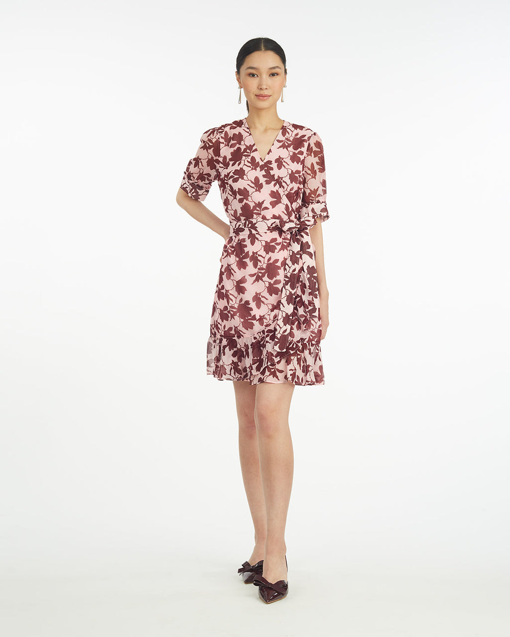 Ella Short-Sleeve Mini Dress in Burgundy Magnolia