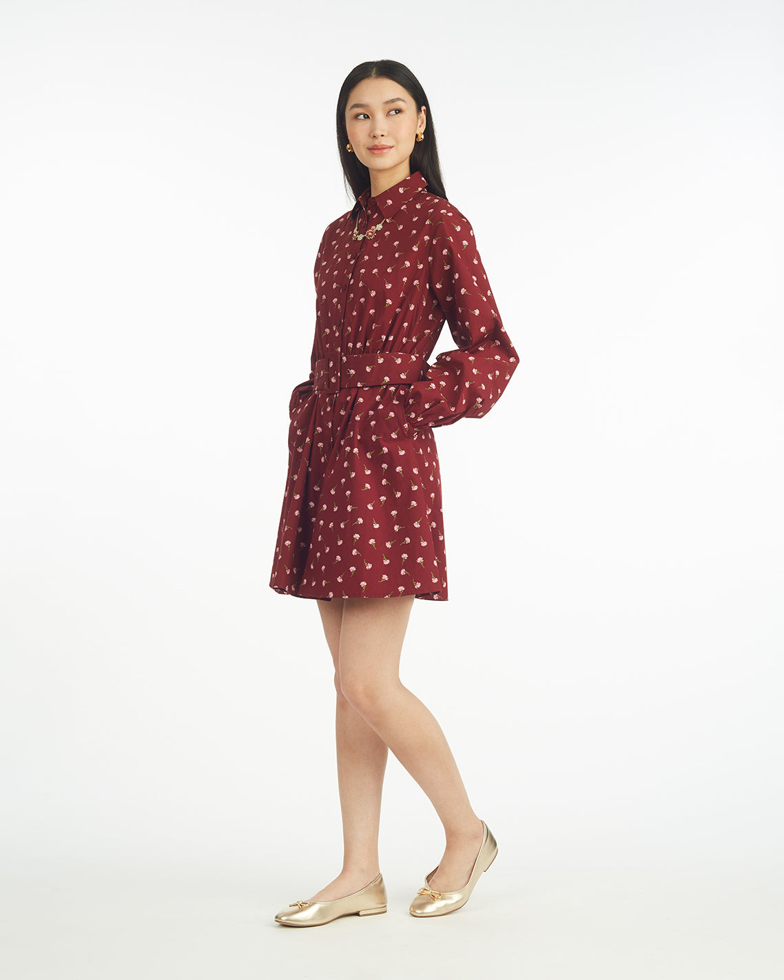 Lily Long-Sleeve Mini Dress in Burgundy Buds