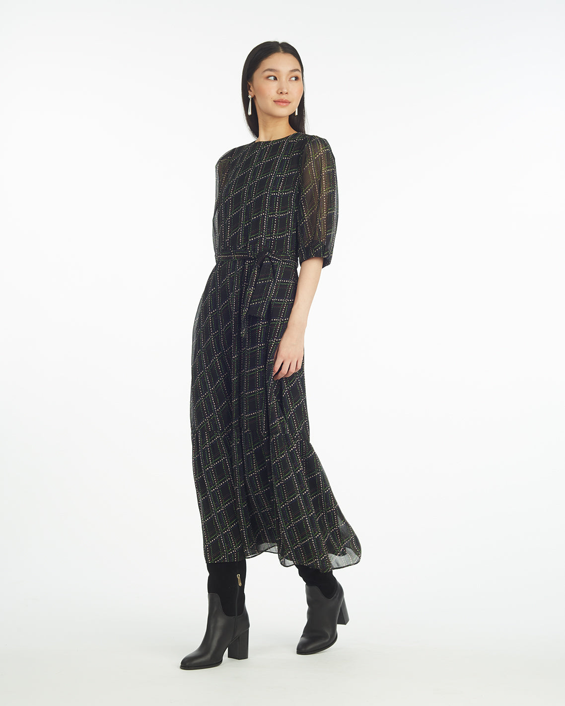 Sophie Tie Waist Midi Dress in Dainty Check