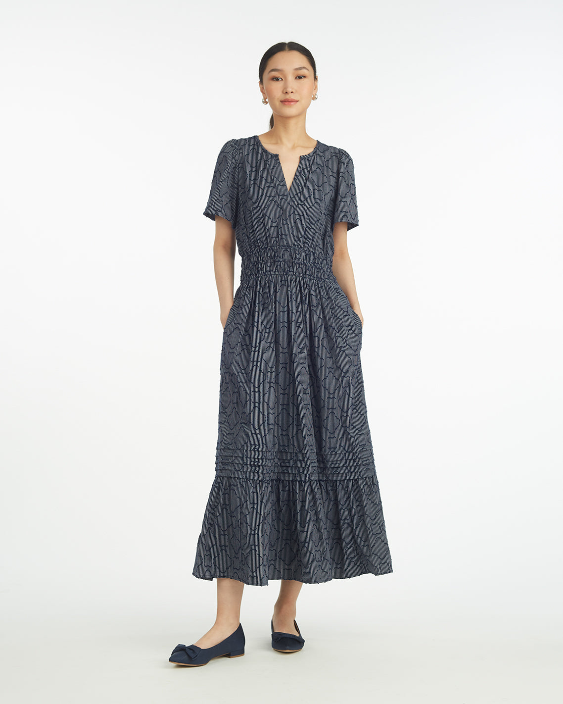 Hollie Midi Dress in Navy Textured Stripe