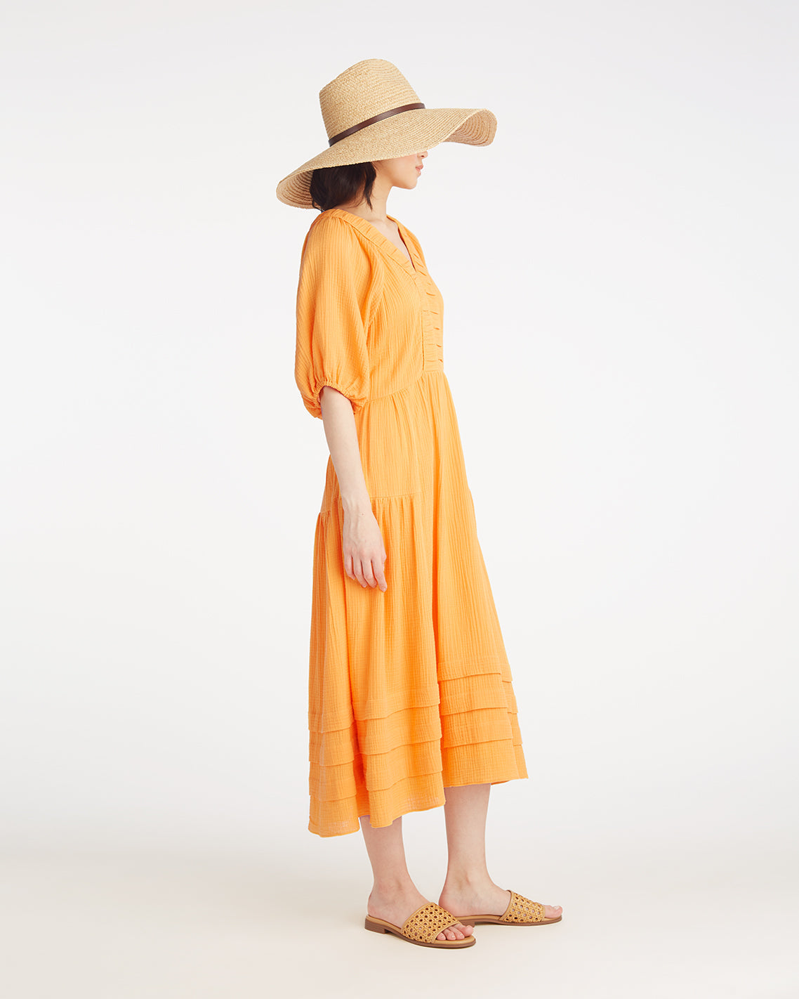 Chloe V-Neck Midi Dress in Crinkle Cotton